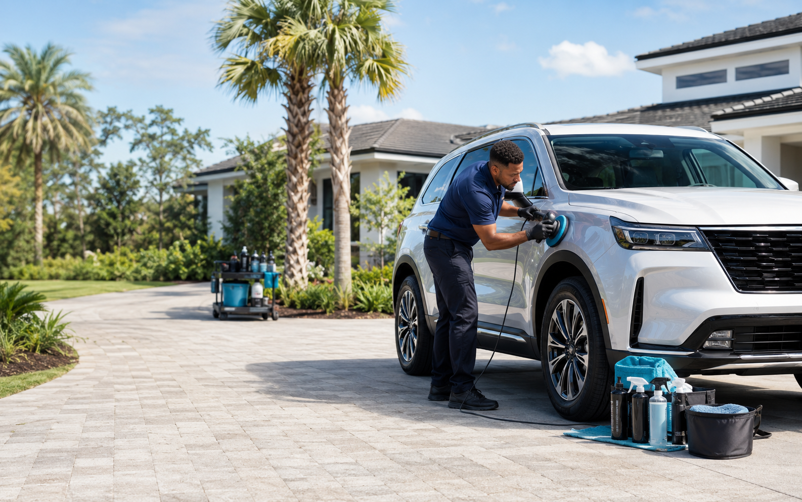 Mobile detailing professional caring for a family SUV